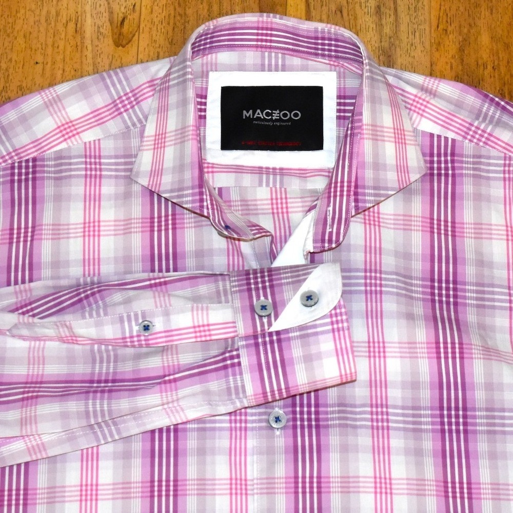 Maceoo Einstein Button Down Men L Pink Plaid 4-Way Stretch Long Sleeve Shirt
